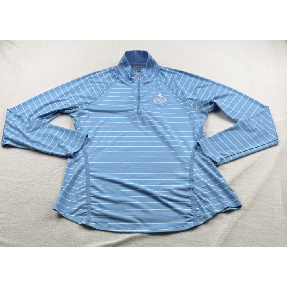 Cutter & Buck CB DryTec 50+ Blue White Stripe 1/4 Zip women's size L